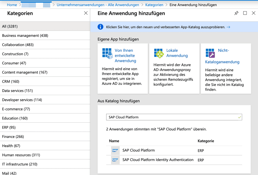 Hinzufügen der Unternehmensanwendung SAP Cloud Platform in Microsoft Azure Active Directory