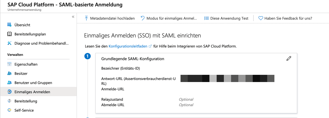 Microsoft Azure AD SAML Konfiguration upload der Metadatendatei