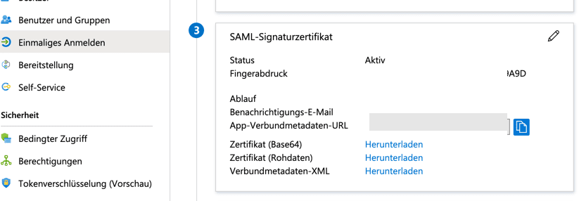 Azure AD SAML-Signaturzertifikat