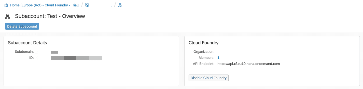 SAP Cloud Platform Cockpit Subaccount Details